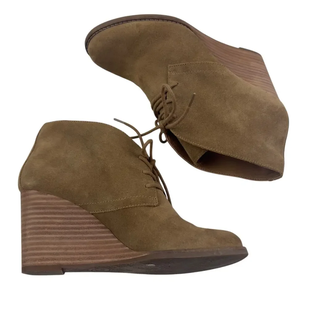 Lucky Brand Yamene Camel Suede Leather Wedge Lace Up Booties Women's Size 8.5